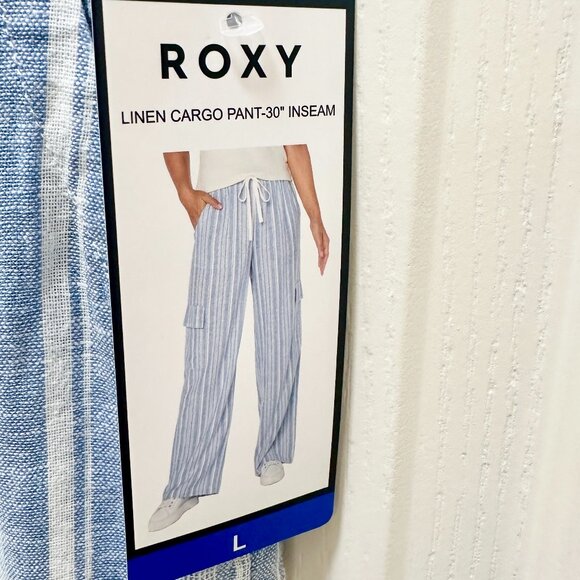 Roxy Women's Linen Blend Cargo Pant Size L Blue Coastal Boho Lightweight (NEW) - Picture 13 of 16